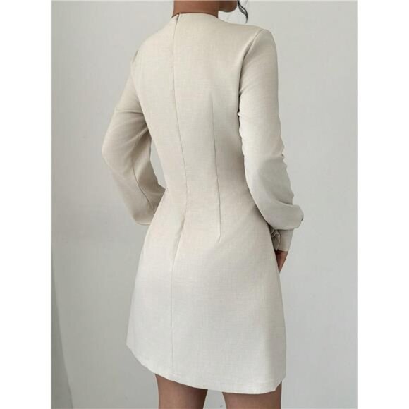 Women's Casual Color Block Drawstring Long Sleeve Dress, Spring/Fall - Picture 2 of 7